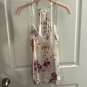 Cami NYC Silk White Pink Black Floral Print Lace Cami Tank Top Size S